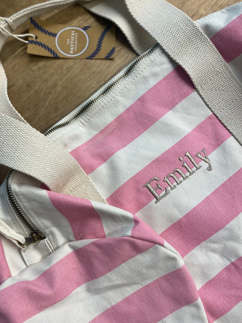 Personalised embroidered initial or name striped barrel bag, with matching wash bag, beach bag, nautical bag, holiday travel bag,weekend bag