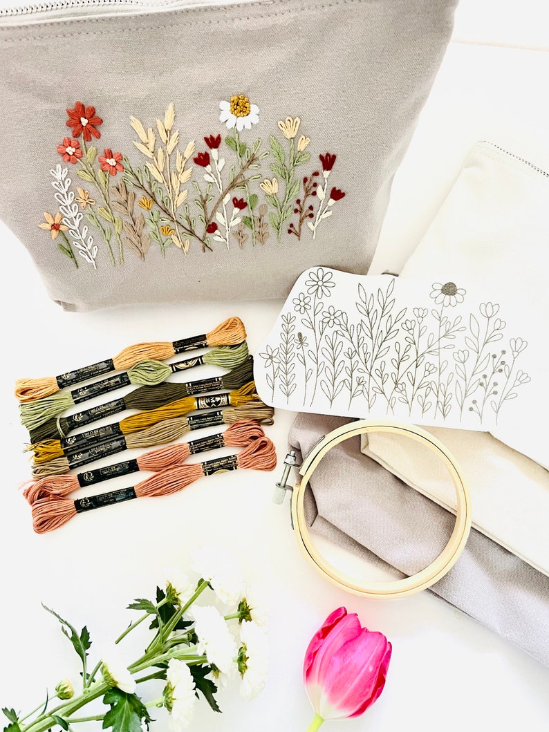 EMBROIDER YOUR OWN Accessory Bag Floral Embroidery Kit | Diy Kit | Sewing Kit | Cosmetic Bag | Crafty Gift | Mother’s Day | Gift For Her |