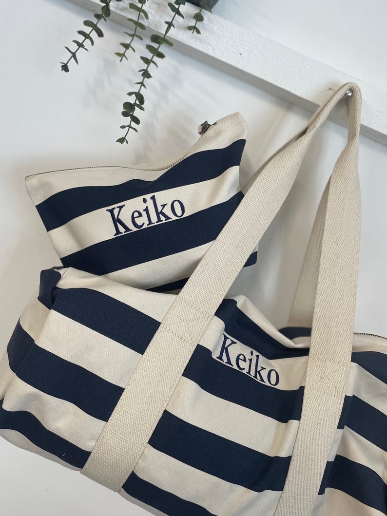 Personalised embroidered initial or name striped barrel bag, with matching wash bag, beach bag, nautical bag, holiday travel bag,weekend bag