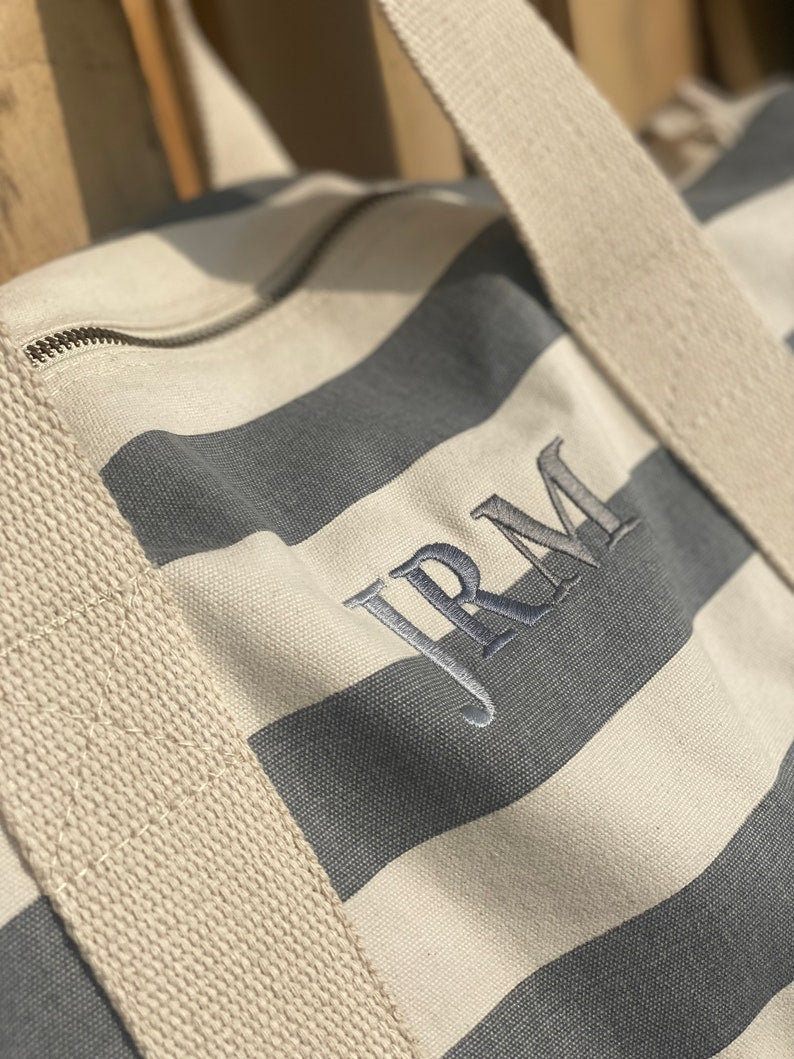 Personalised embroidered initial or name striped barrel bag, with matching wash bag, beach bag, nautical bag, holiday travel bag,weekend bag