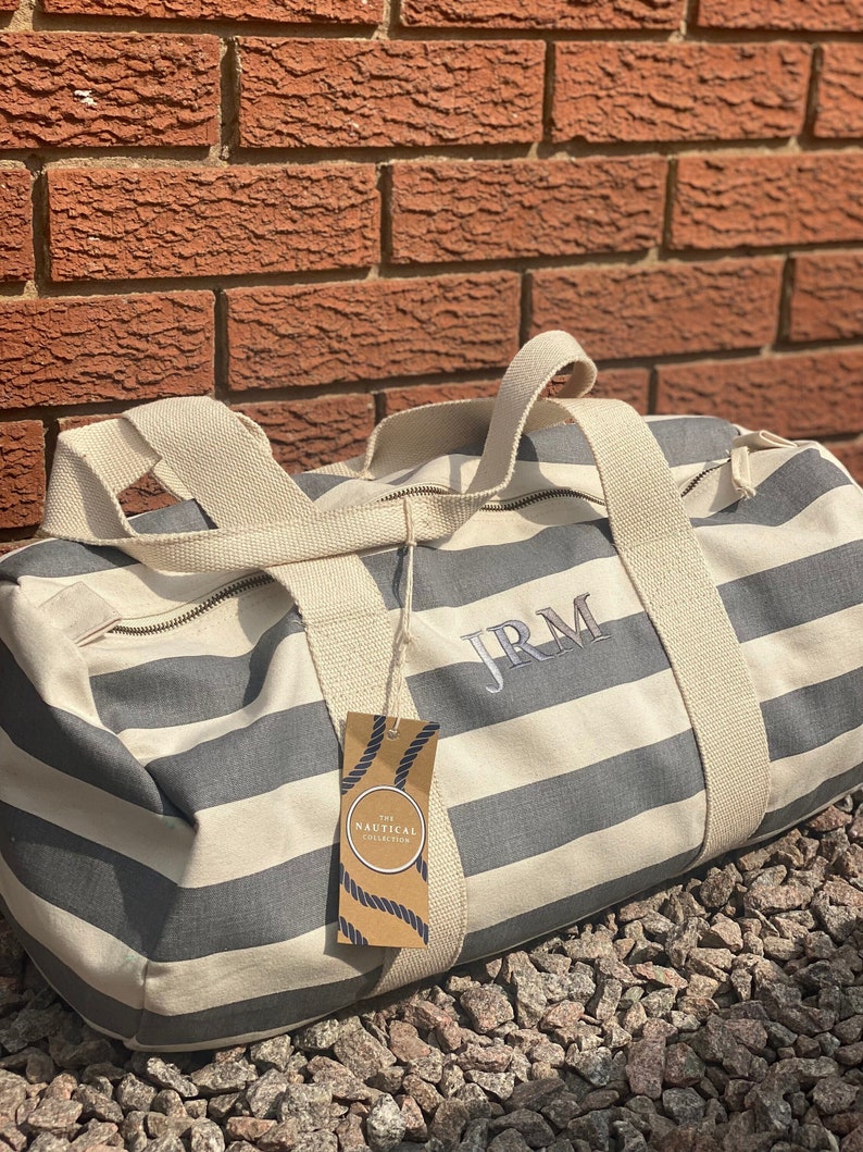 Personalised embroidered initial or name striped barrel bag, with matching wash bag, beach bag, nautical bag, holiday travel bag,weekend bag
