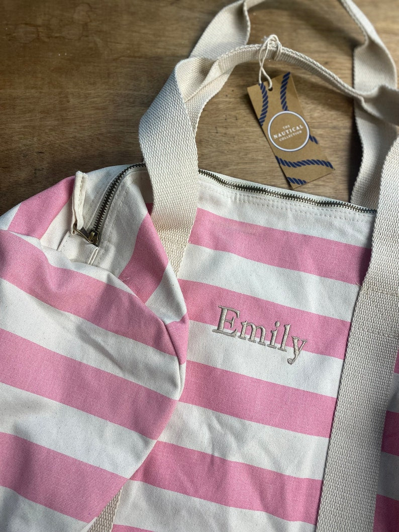 Personalised embroidered initial or name striped barrel bag, with matching wash bag, beach bag, nautical bag, holiday travel bag,weekend bag