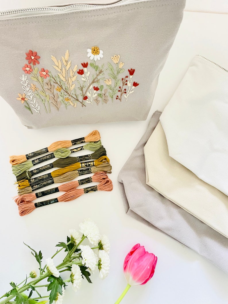 EMBROIDER YOUR OWN Accessory Bag Floral Embroidery Kit | Diy Kit | Sewing Kit | Cosmetic Bag | Crafty Gift | Mother’s Day | Gift For Her |