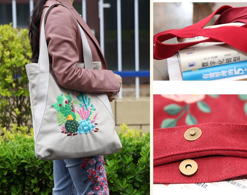 Flowers Tote Bag Embroidery Kit,Canvas Shoulder Bag Embroidery Kit for Beginners,Floral Canvas Tote Bag Kit,DIY Weekender Bag,Shopping Bag